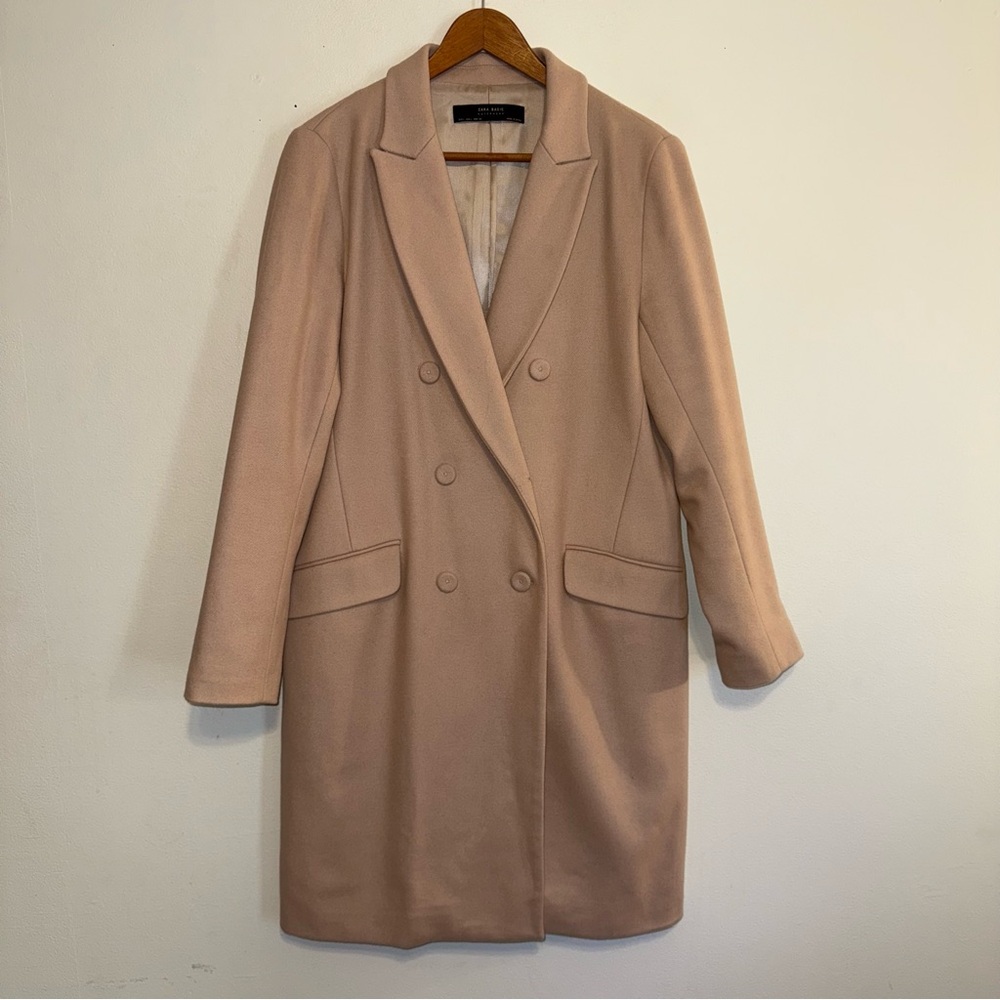 Zara Basic Mid-Length Blazer Coat Womens L Pink Nude Lapel Double Breasted